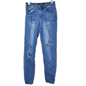Wax Jean Juniors 1 Blue Skinny Mid Rise Distressed Pants Denim Jeans Women